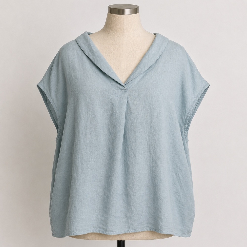 Lintico Light Blue 100% Linen Cap Sleeve V-Neck Notch Collar Relaxed Top XXL